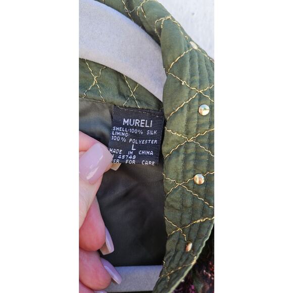 Vintage Mureli Silk Bomber Jacket Womens Large Green Fall Print Quilted Artsy - Picture 6 of 8